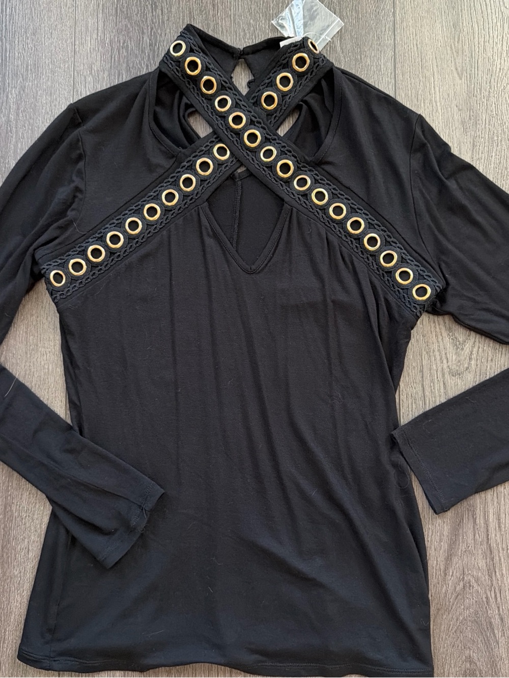 NWOT VENUS Black Long Sleeve Top with Gold Eyelet Cross Straps L